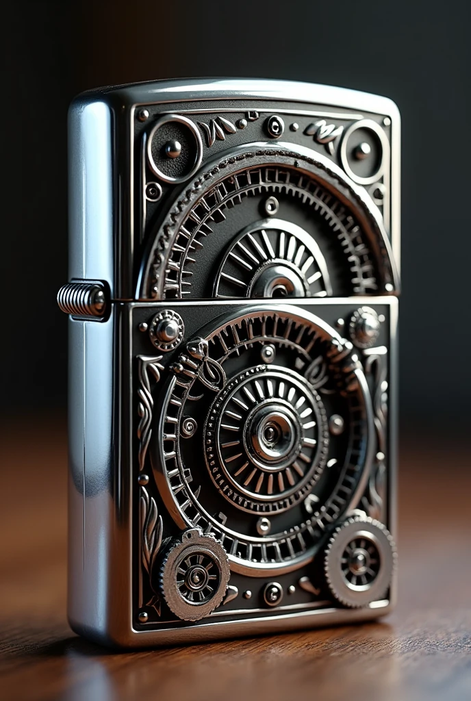 a detailed vintage lighter with an automotive motif, highly detailed, photorealistic, octane, shiny metal, chrome, intricate engraving, complex patterns, gleaming, complex mechanics, realistic textures, industrial, automotive parts, automotive icons, machinery, cogs, gears, high quality, 8k, masterpiece
