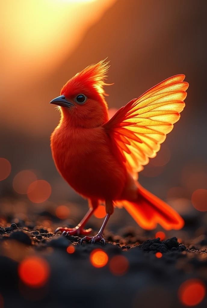 Fascinating close-up portrait of a beautiful little bird in soft light, Golden light of a quiet morning, The vibrant bokeh balls gently frame the delicate shape.. , The little bird is a beautiful, fiery red.., Extremely realistic photos, Beautiful and mysteriously luminous wings, Volcanic area with lava flow,
