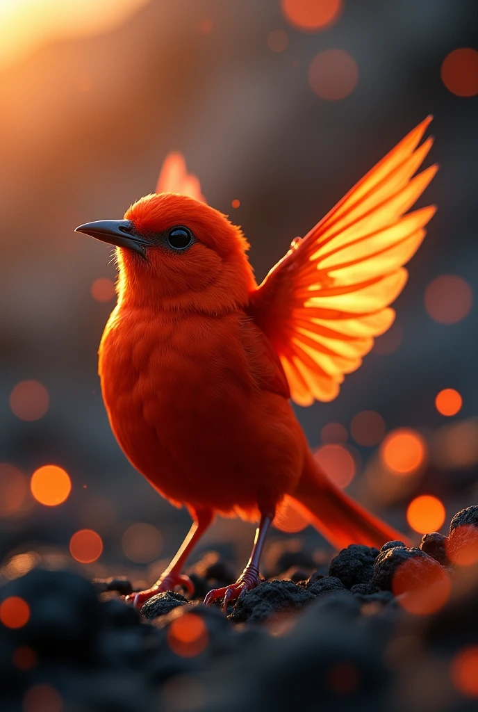 Fascinating close-up portrait of a beautiful little bird in soft light, Golden light of a quiet morning, The vibrant bokeh balls gently frame the delicate shape.. , The little bird is a beautiful, fiery red.., Extremely realistic photos, Beautiful and mysteriously luminous wings, Volcanic area with lava flow,