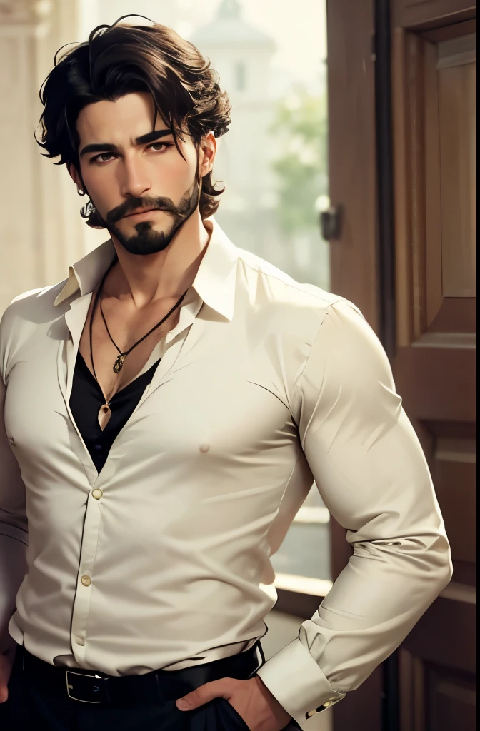 Create an image of a 30-year-old bourgeois man with a charming and flirtatious demeanor. He has a small, thin mustache curled at the ends, wears earrings, and is dressed in fine, light-colored clothing. His hair is black, his skin is fair, and he wears a delicate necklace. The man has a slight resemblance to a French aristocrat, exuding elegance and sophistication