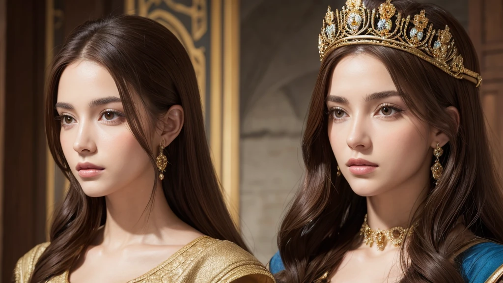 beautiful face, Queen of Medieval Spain, brown hair, 