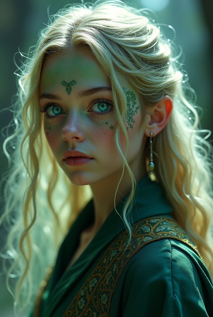 and girl, looking at camera blonde, green skin colored and blue eyes, wearing clothes like 1200AD ancient