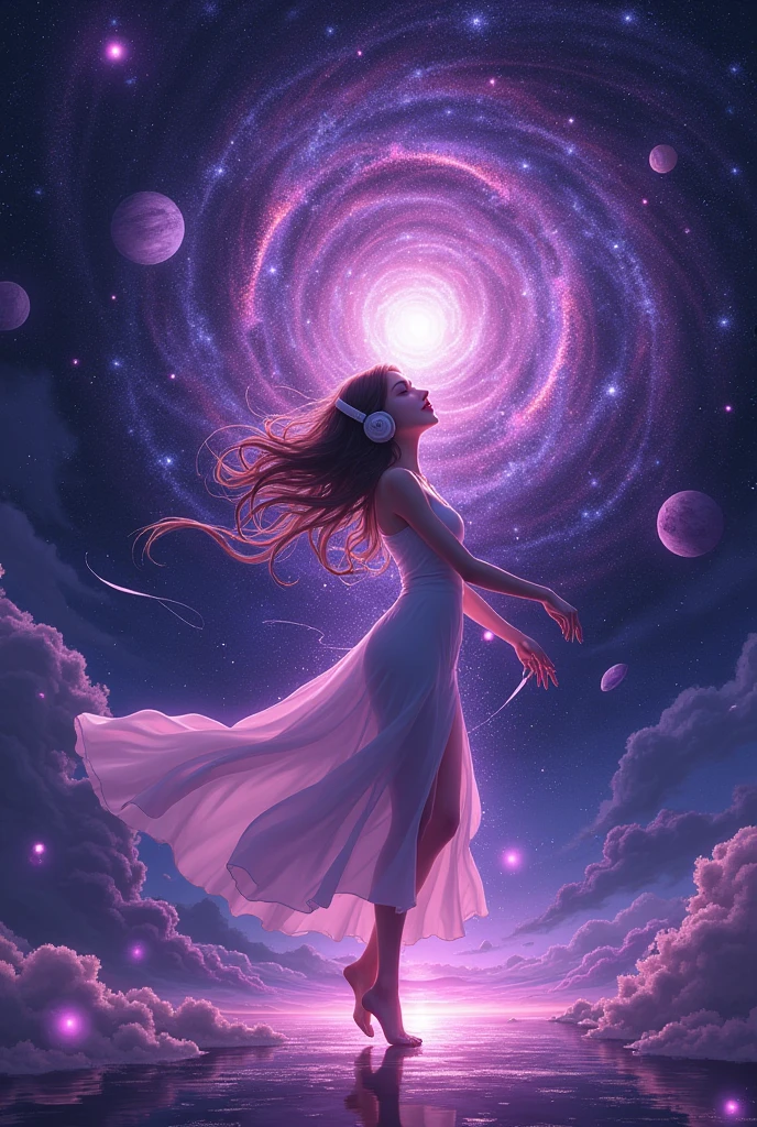 Woman dancing, Woman in the middle of the universe, Woman listening to music with her headphones, Purple Galaxies, Purple planets, Purple Stars, Shades of purple and black, make it on realistic anime style.