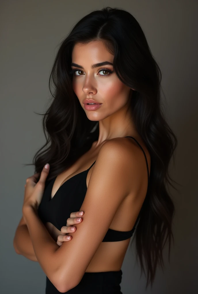 a very realistic and detailed photo of a beautiful french woman, tight black skirt, perfect makeup, long straight dark hair, high quality, photorealistic, 8k, luxury, elegant, sophisticated, confident, studio lighting, cinematic, glowing skin, piercing eyes, full lips, sharp focus