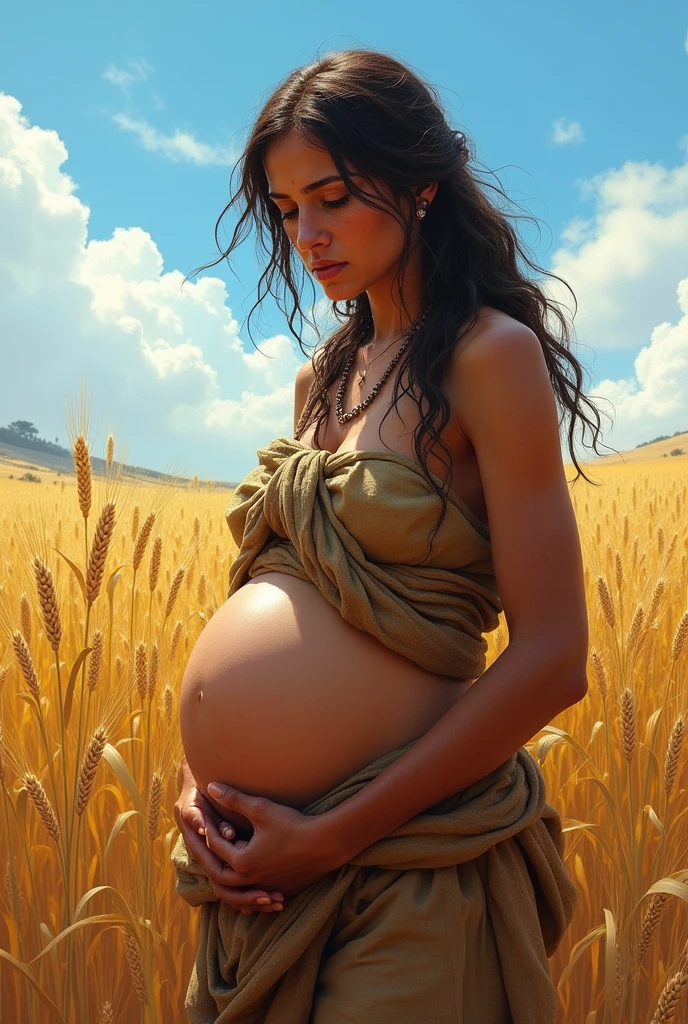 a one woman, in a very ancient time, approximately 8 months pregnant , that is, the belly is very big, working in the harvest because she and her husband are poor