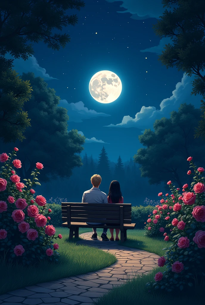 I want you to create a rose garden, at night and finds, In the distance a blond man and a black-haired girl sitting on a bench