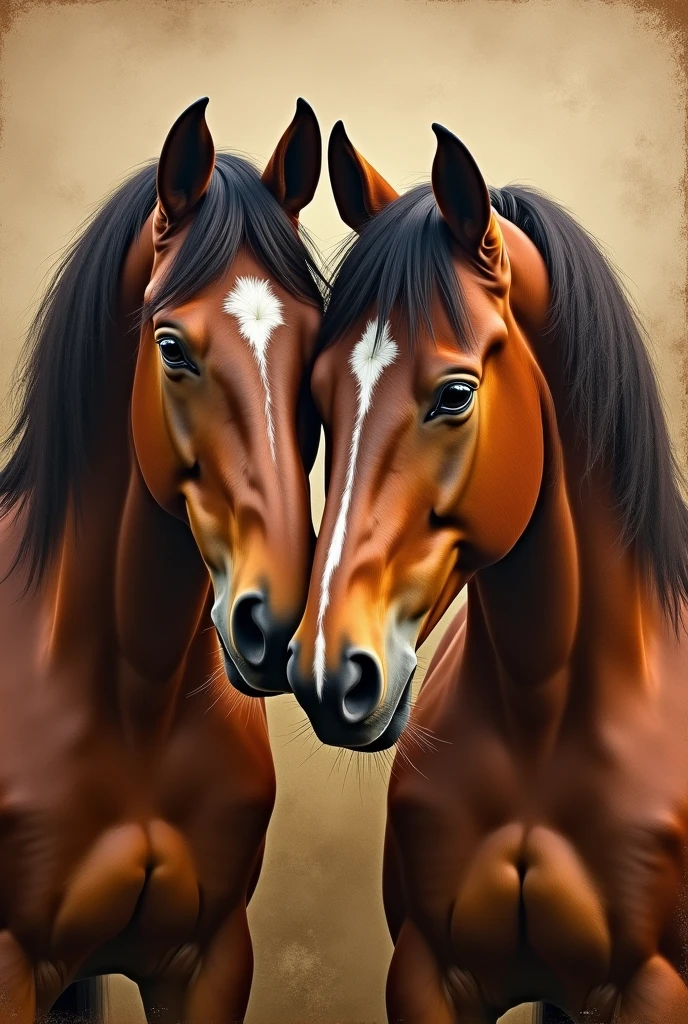 An old painting using coffee of two horses facing the front with their heads touching romantically 