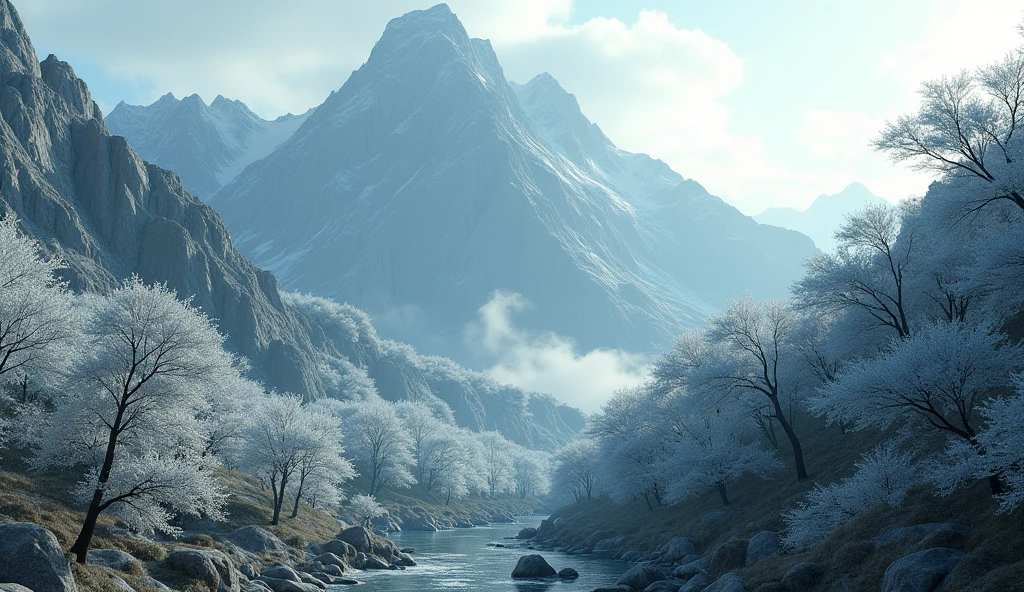 Panoramic front view,There is a mountain covered with ash trees(best quality,4K,8k,High level,masterpiece:1.2),Ultra Detailed,(lifelike,Photo real,Photo real:1.37)