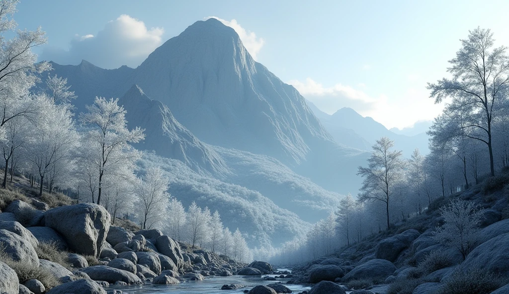 Panoramic front view,There is a mountain covered with ash trees(best quality,4K,8k,High level,masterpiece:1.2),Ultra Detailed,(lifelike,Photo real,Photo real:1.37)
