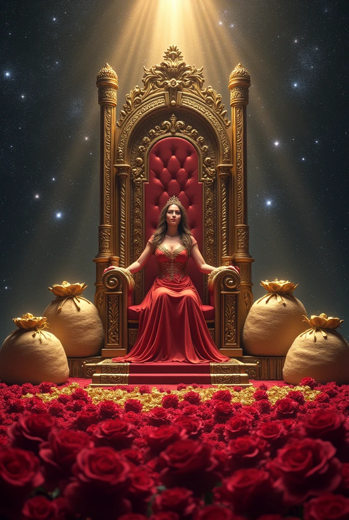 Throne of a queen, sacks of gold on the sides, In the background a universe and roses on the ground