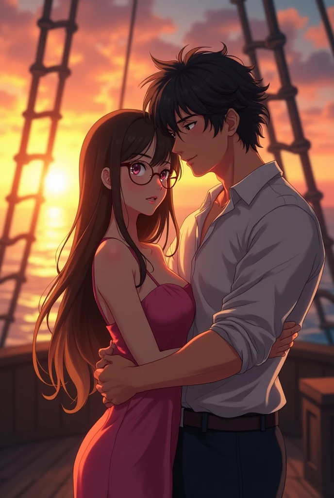 1 girl, wano style, smile tenderly, nicorobin, Long loose hair, straight hair, with glasses, no bangs, look at the viewer, Pink strappy blouse with neckline, young, sexy, Upper part of the body, hugging 1 boy, high, strong muscular, young, wano style, Monkey D Luffy, very curly hair, curly hair, short hair, look at the viewer, smile tenderly, Brown eyes, Upper part of the body, black shirt, hugging the girl, ((masterpiece)), (Best Quality), (extremely detailed), depth of field, Sketch, Intensive dark shadows, Sharp focus quality, HdR, showy, Good composition, spectacular, anime screenshots, depth of field, pirate ship bottom, sunset at sea, one piece.