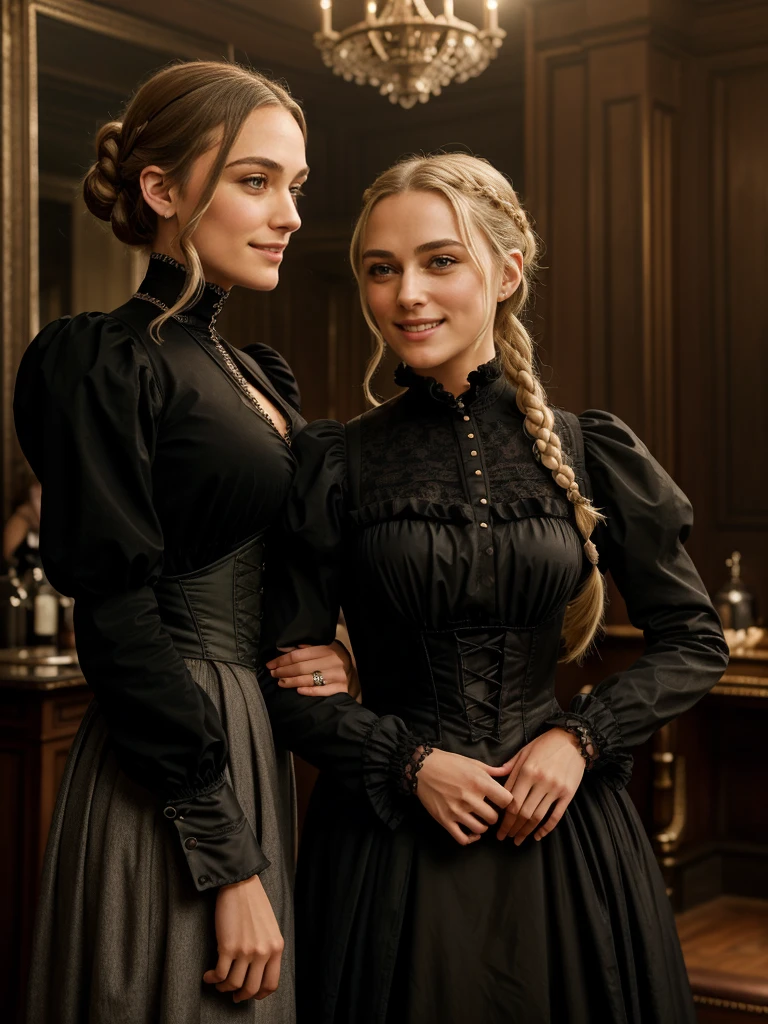 RAW photo of 2 keiraknightley, Create dystopian masterpieces, victorian era, victorian era clothing, rich dress, wearing a Victorian-era dress with long-sleeves, black dress, corseted woman,victorian saloon, cinematic light, beautiful woman, medium breasts, blond platinum hair, 2 braided ponytails smile smile, wrinkles on the face,