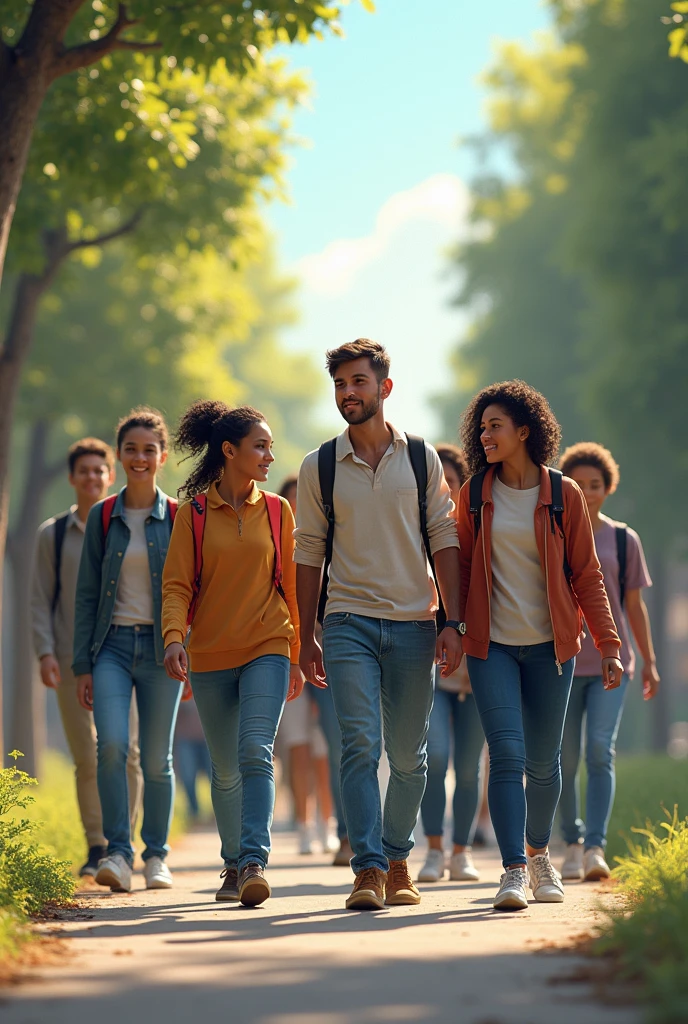teacher leading a group of teenage students of all ethnicities from the front in a row, along a path where at the end there are study elements such as books and computers, remove the trees