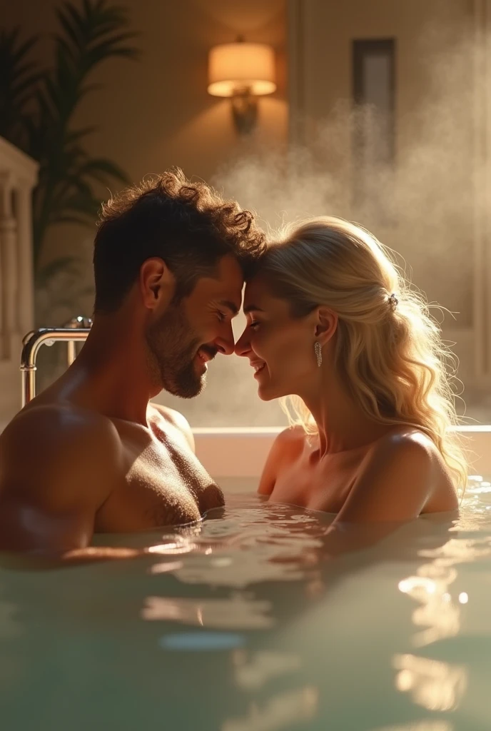 A man bathing with his wife in bathtub hdr realistic