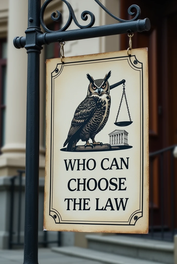 Law office sign with the phrase:                 
                     🏛️🦉⚖️
WHO CAN CHOOSE THE LAW
                                        