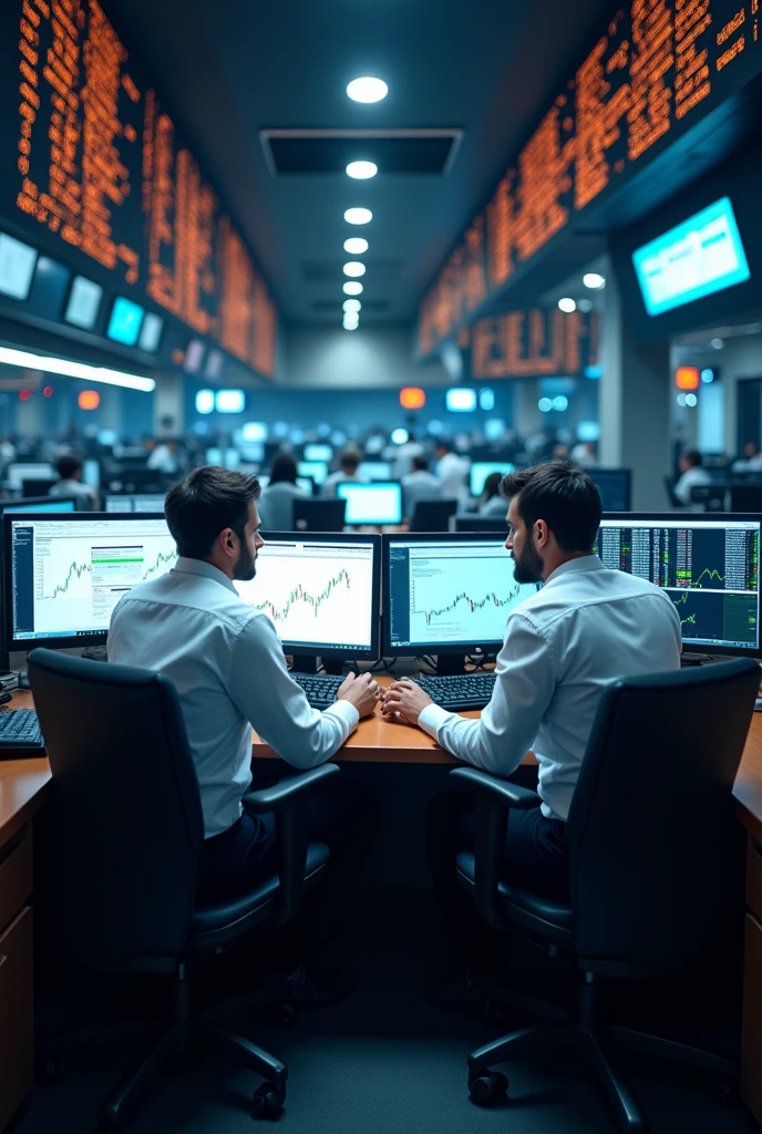 Stock market trading bay and sell men and small room  computer setup for computer small room  and 2 men white shirt black pants 