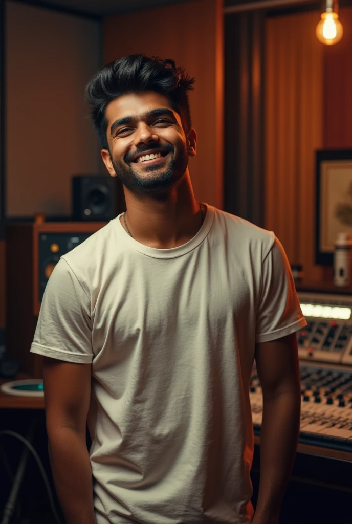 Indian singer male in sound studio dress tshirt