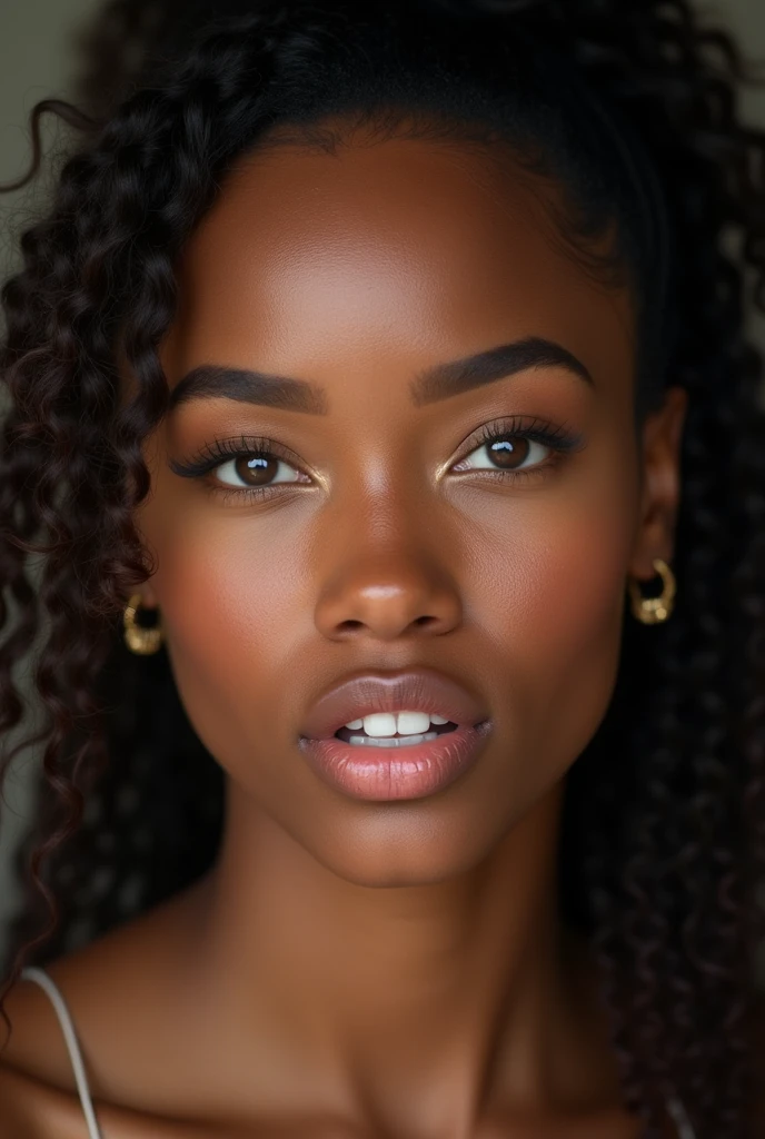 raw, realistic photo, Frontal close-up of 1 beautiful woman, of (2), American Nationality, black hair color, long afro curly hair tied up, Big Eyes, light brown eye color, small nose, perfect mouth with extremely full lips , natural face, naughty, excited and sensual face, texture and depth of highly detailed and hyper-realistic mulatto skin, superior quality, high resolution 8k uhd.
