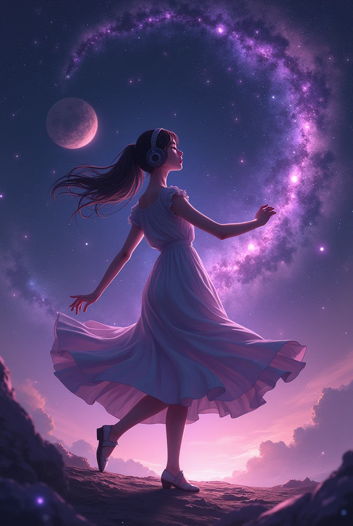 Woman dancing, Woman in the middle of the universe, Woman listening to music with her headphones, Purple Galaxies, Purple planets, Purple Stars, Shades of purple and black, Focus on woman face, make it on realistic anime style.