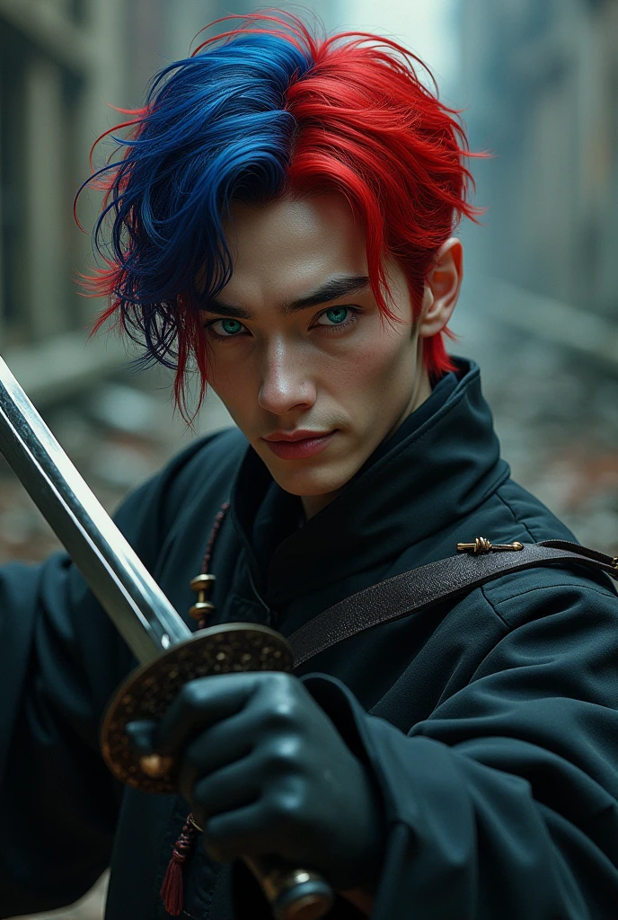 um homem adulto, with blue and green eyes, holding a katana, wearing black clothes, with red hair and a blue part, and smiling