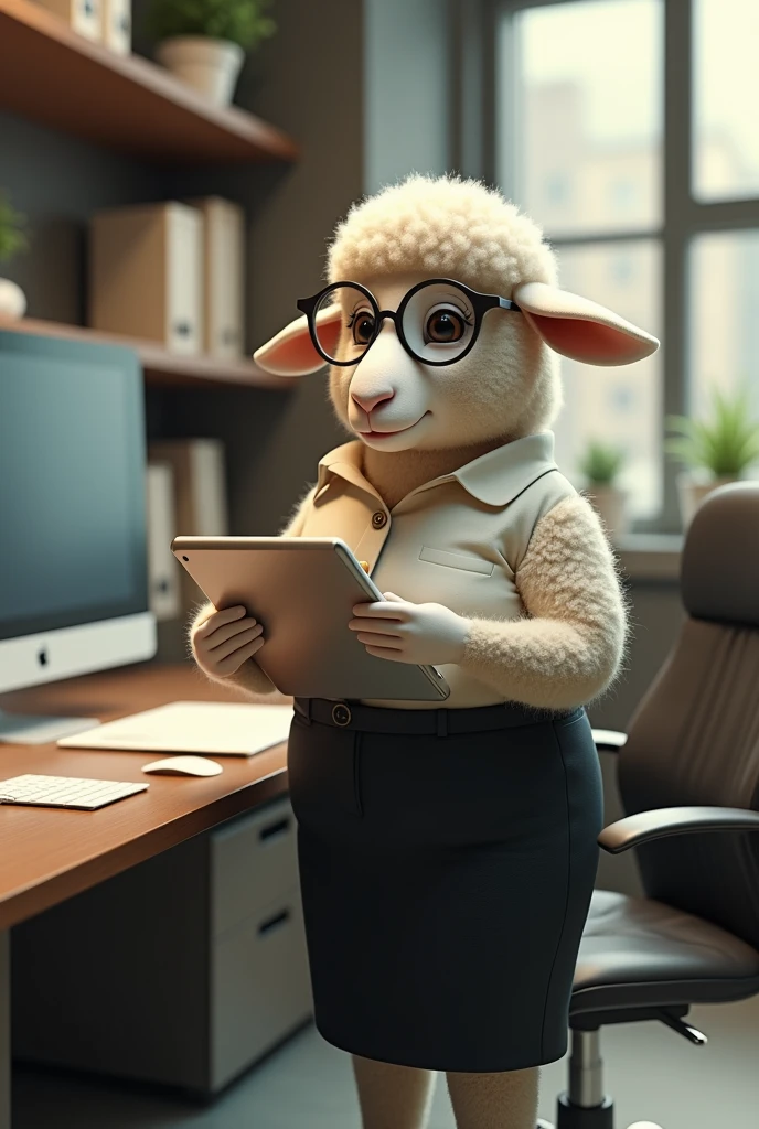 Here’s a detailed prompt for generating a hyper-realistic 8K cinematic image:
"Create a hyper-realistic 8K cinematic image of a short, chubby female sheep standing next to an office desk. The sheep wears glasses and is dressed in professional office attire, including a button-up blouse and a pencil skirt. She is holding a tablet in one hoof, looking focused as if she is about to review some documents. The office setting is modern, with a clean desk, some paperwork, and a computer monitor visible. The lighting is soft, highlighting the textures of her wool and the details of the office environment."