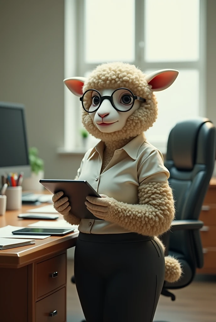 Here’s a detailed prompt for generating a hyper-realistic 8K cinematic image:
"Create a hyper-realistic 8K cinematic image of a short, chubby female sheep standing next to an office desk. The sheep wears glasses and is dressed in professional office attire, including a button-up blouse and a pencil skirt. She is holding a tablet in one hoof, looking focused as if she is about to review some documents. The office setting is modern, with a clean desk, some paperwork, and a computer monitor visible. The lighting is soft, highlighting the textures of her wool and the details of the office environment."
