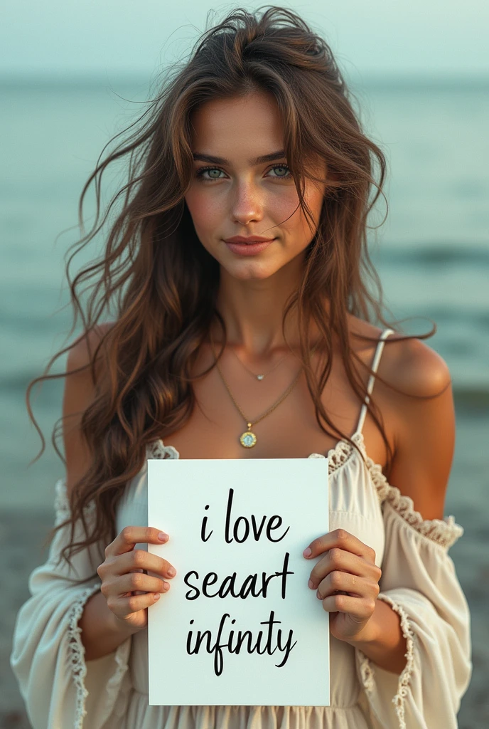 Beautiful girl with wavy long hair, bohemian dress, holding a white board with text "I Love Seaart Infinity" and showing it to the viewer