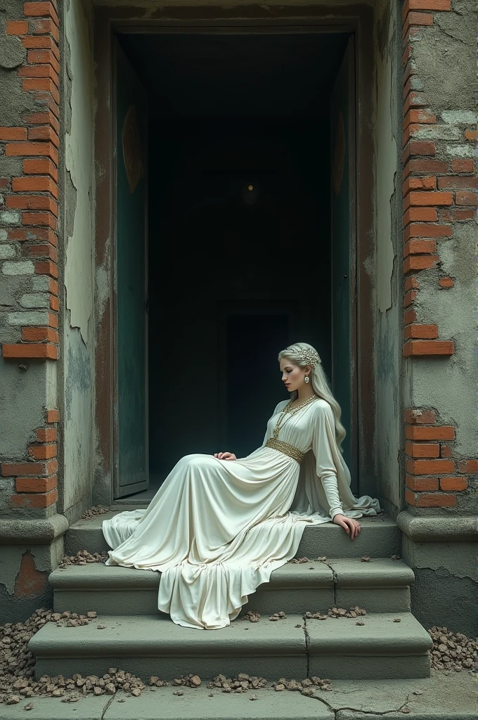 Goddess sprawled on the doorstep of a dirty brick building