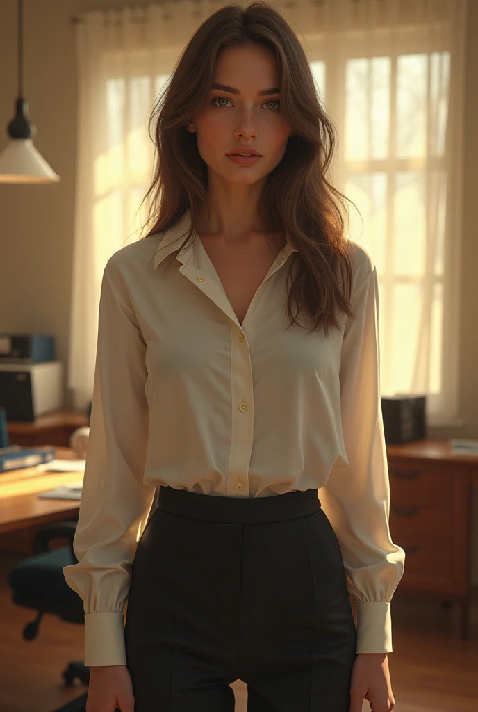 (fotorrealism: 1.2), beautfull woman, standing, wearing something formal but casual, medium straight hair, indoor setting, soft lighting, office in the background, soft pose, realisitic, details Intricate, warm colours, por Greg Rutkowski, by alphonse mucha