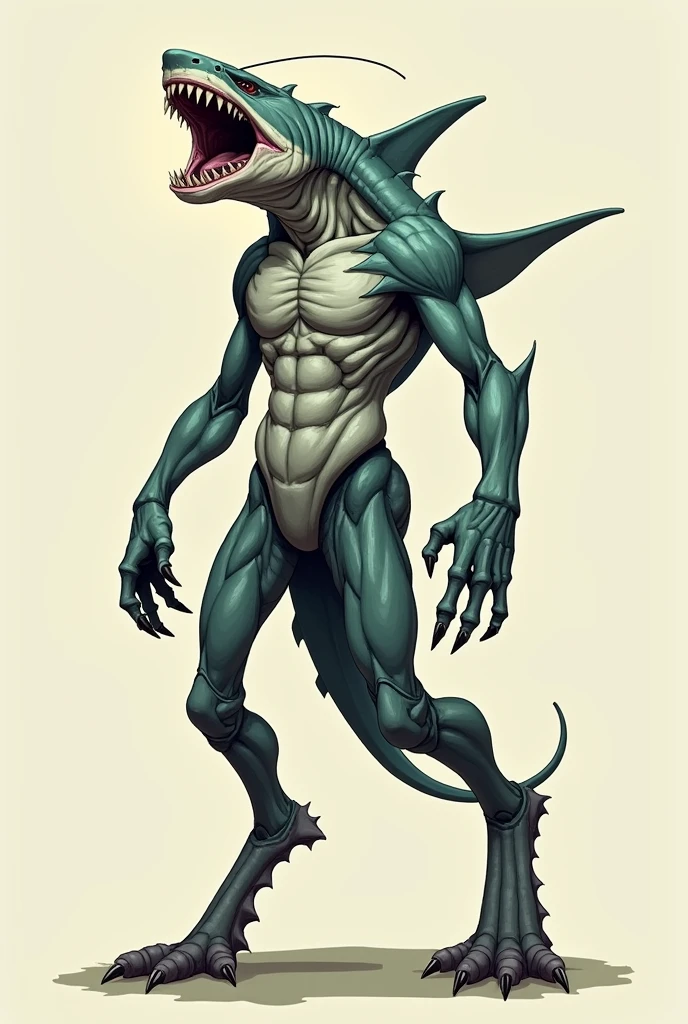 A mix between a hammerhead shark and a grasshopper, all muscular and open-mouthed.