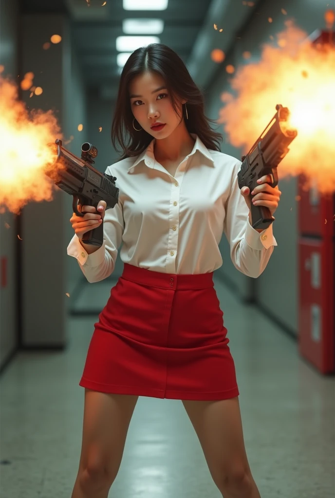 beautiful chinese office lady white shirt red mini skirt realistic machine gun toting hip firing real person legs apart standing rampage shooting serious expression looking at side target facing