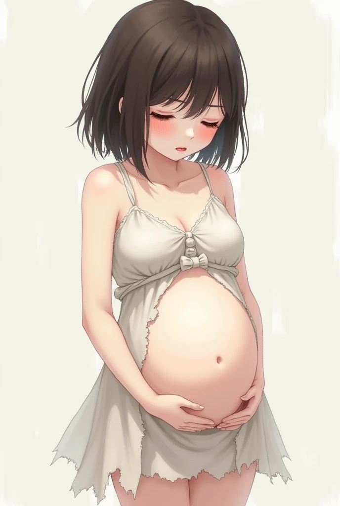 A shy anime girl with short, shoulder-length dark brown hair, without eyes, rosy cheeks and natural red lips, a broken white dress that leaves her thighs exposed a little, Pale skin and 6  pregnant 