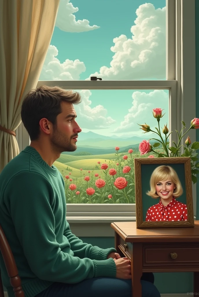 (Realistic) (fantasy) (painting feel)
A guy sitting by the window on the left side having a red indian nose (side profile towards his right) (sad expression) the sunlight is hitting on the left side of his face) Wearing a green blue knitted sweater.
By the right side of the window there is a wooden coffee table having dead roses and a picture frame, inside the frame there is a blonde girl (happy) (70s bob) having a red dress with white polka dots on it as well as a matching headpiece.
An overview from the window could be seen where the sky is clear beautiful blue and the clouds form in a swirl shape (Impressionism) having light grey, aqua and white in it. The land is filled with grass and multicoloured flowers flowing to the right side of the frame.
(The colours to be cool neutral but pastel)