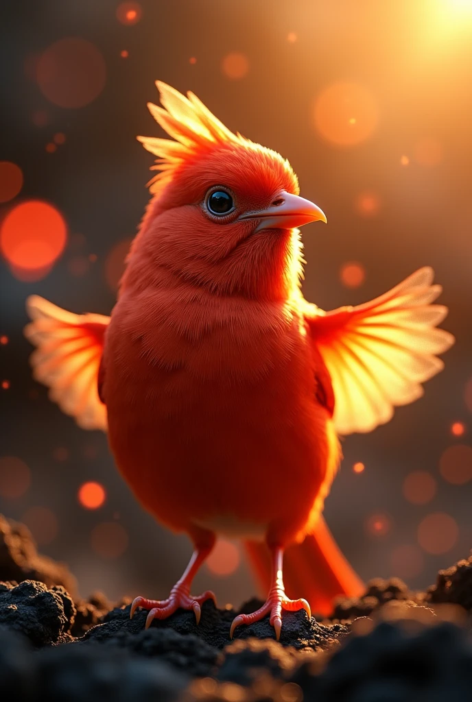 god々A captivating close-up portrait of a beautiful little bird in bright light, Golden Light, The vibrant bokeh balls gently frame the delicate shape.. , The little bird is a beautiful, fiery red.., Extremely realistic photos, 美しくgod秘的に発光する翼, Volcanic area with lava flow,