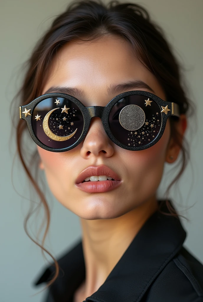 The model is wearing glass sunglasses with stars and the moon on the glass