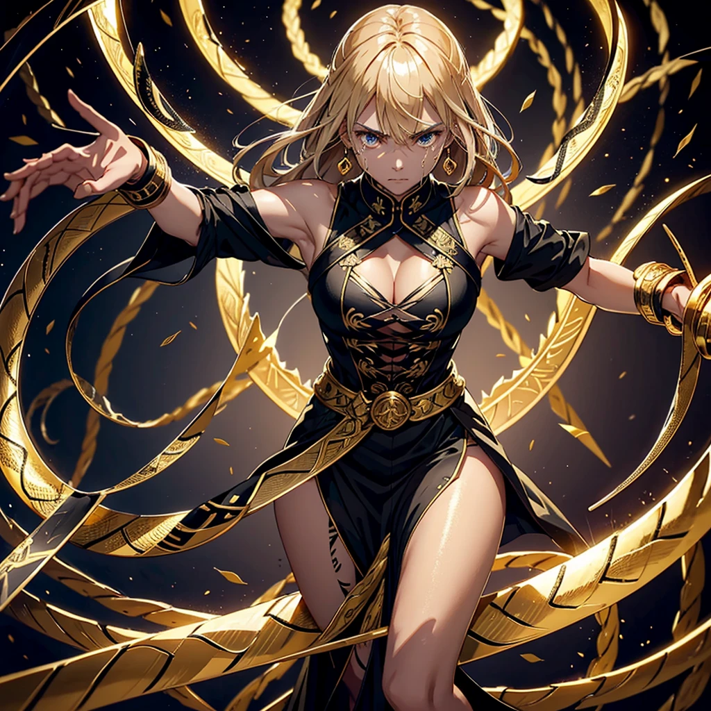 Black blade sword, with golden details in the shape of snakes running along the entire blade, with an organic cable, and a spirit of a woman coming out of the sword and crying tears with souls inside them.