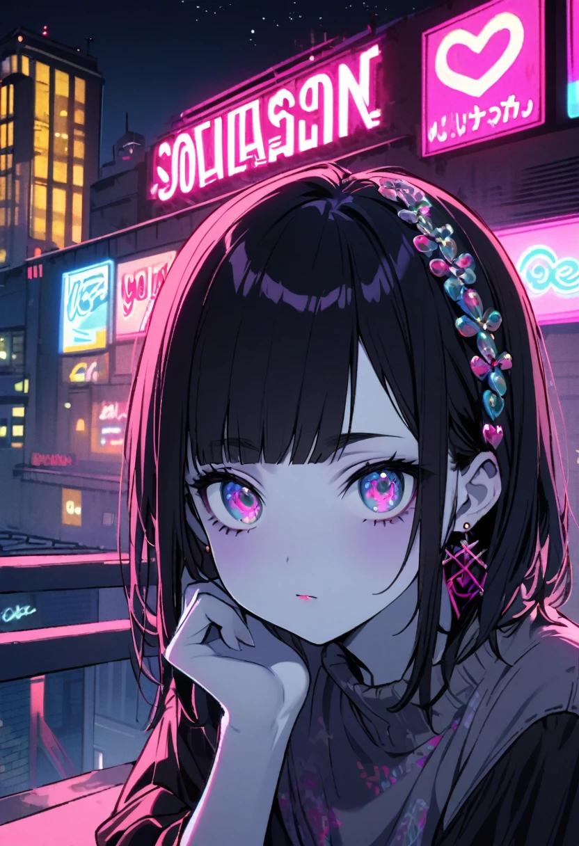 ((Building rooftop: 1,3)), ((Gothic_punk, Solitary, Medium shot, Take a walk on the rooftops of Harajuku, ((night)), Vague, Neon lights, iridescent eyes, Starry Sky, Shiny black hair, White eyebrows, Shiny hair, (Iridescent black hair，Double tail), Earring, OK, Jewelry, Dull bangs, Busy eyes, Background Vague, Vague, Hair accessories, gaze, short hair, portrait, Side Lock rest ((Swedish girl, White skin, Caucasian)),((Women&#39;s work clothes:1.3)), rest (Gal: 1. 1),(charm: 1. 3),(night),(Supermodel: 1.3)),rest ((earring, ring)), Cowboy shooting,((Tall people)),((Android)),((look up)),((Top corner:1. 3)), from above, Looking at the camera,((Activities)),((Thin through)) Bodycon bra with shoulder straps))a black cat