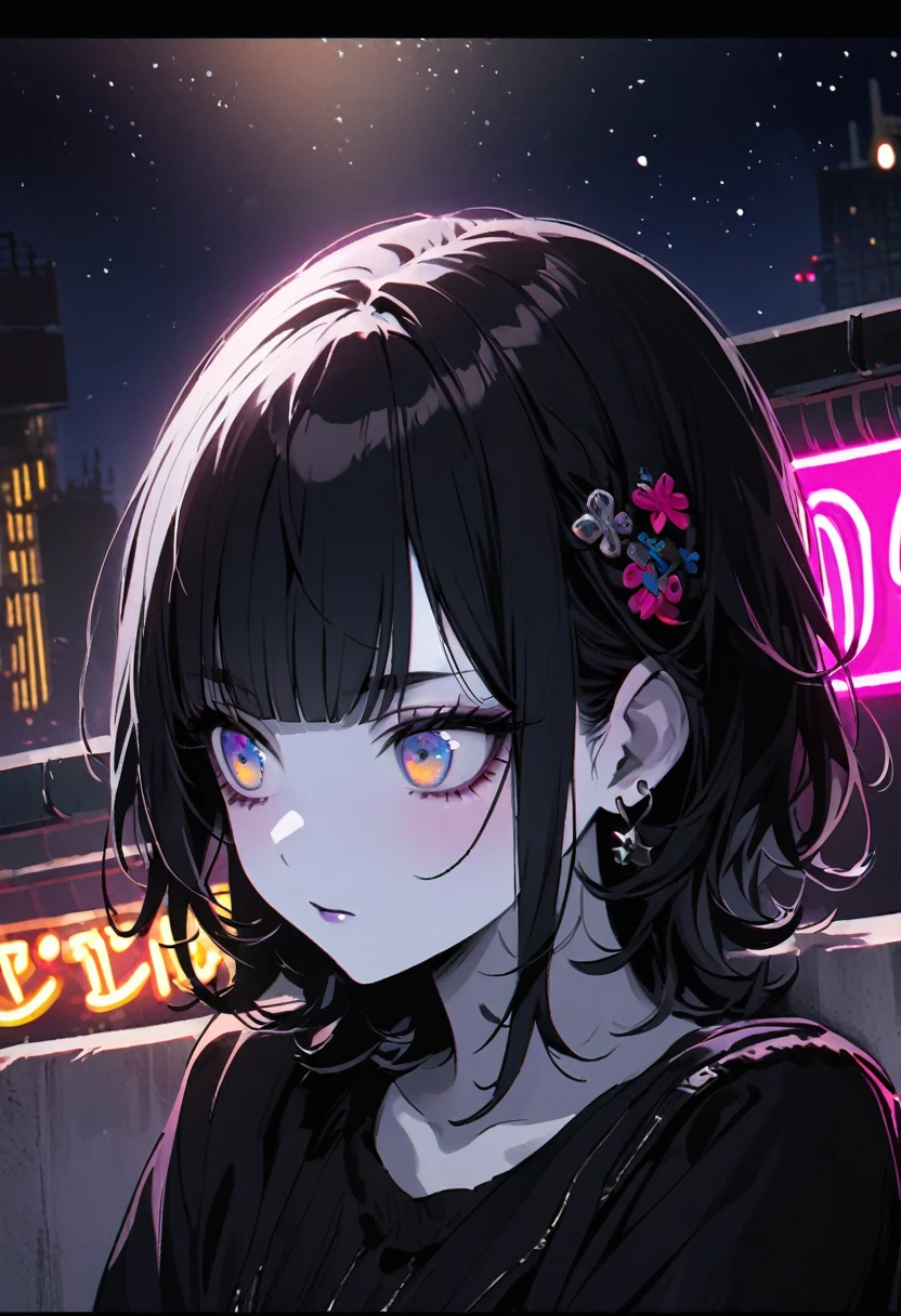 ((Building rooftop: 1,3)), ((Gothic_punk, Solitary, Medium shot, Take a walk on the rooftops of Harajuku, ((night)), Vague, Neon lights, iridescent eyes, Starry Sky, Shiny black hair, White eyebrows, Shiny hair, (Iridescent black hair,Double tail), Earring, OK, Jewelry, Dull bangs, Busy eyes, Background Vague, Vague, Hair accessories, gaze, short hair, portrait, Side Lock rest ((Swedish girl, White skin, Caucasian)),((Women's work clothes:1.3)), rest (Gal: 1. 1),(charm: 1. 3),(night),(Supermodel: 1.3)),rest ((earring, ring)), Cowboy shooting,((Tall people)),((Android)),((look up)),((Top corner:1. 3)), from above, Looking at the camera,((Activities)),((Thin through)) Bodycon bra with shoulder straps))a black cat