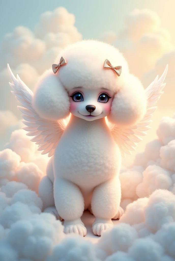 Female dog French poodle breed, with French pozole cut, White color, with angel wings and bows on her ears