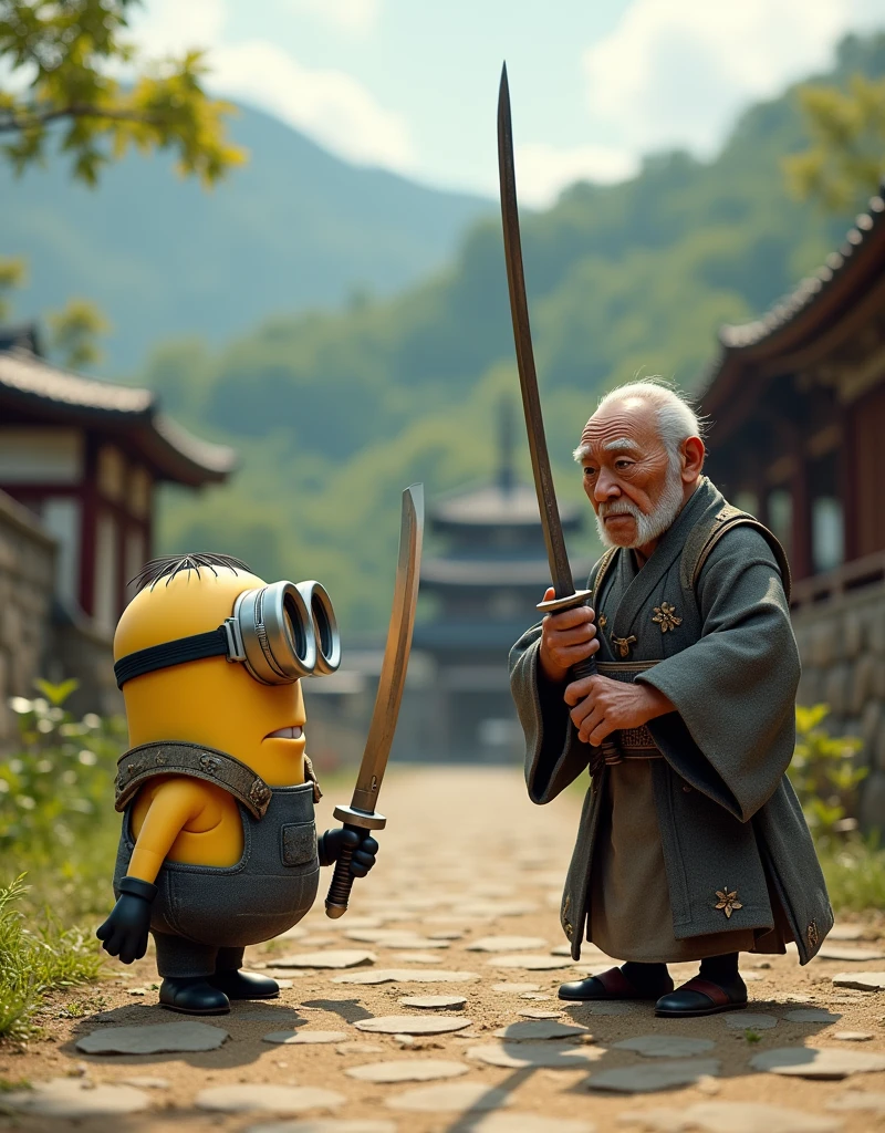 Minion Kevin . Meet old samurai practicing with samurai sword Kevin wearing samurai costume also decided to try practicing with wooden sword