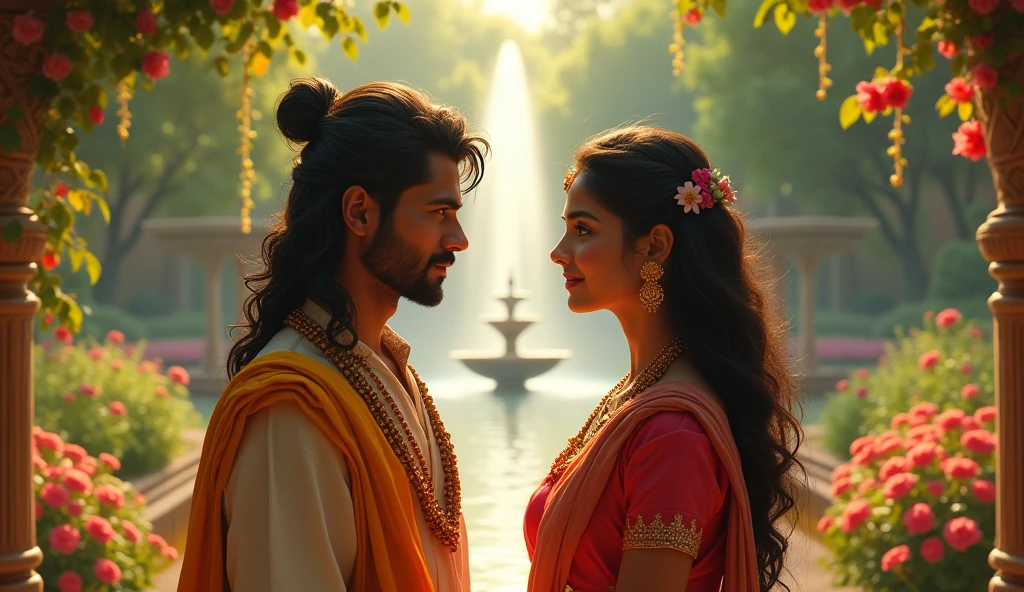 सावित्री और अर्जुन की पहली मुलाकात राजसी बगीचे में होती है। बगीचे में रंग-बिरंगे फूल खिले हुए हैं, एक सौम्य फव्वारा बह रहा है, और हल्की धूप चारों ओर बिखरी हुई है। दोनों पात्र एक-दूसरे को जिज्ञासा और प्रशंसा के साथ देख रहे हैं।"