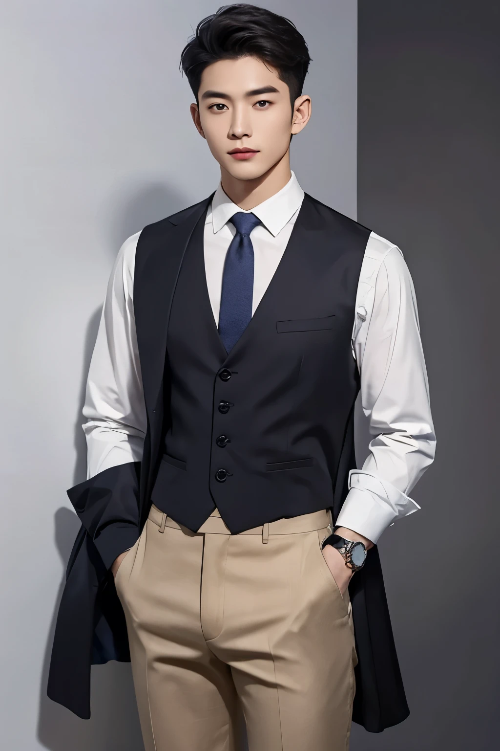 masterpiece, Best quality, realistic, a handsome Thai-Korean guy aged 20-25, dress shirt fashion, wearing a prominently visible wristwatch. The outfit should be modern and elegant, with meticulous attention to detail in both the clothing and accessories. The wristwatch adds a touch of sophistication to his overall look