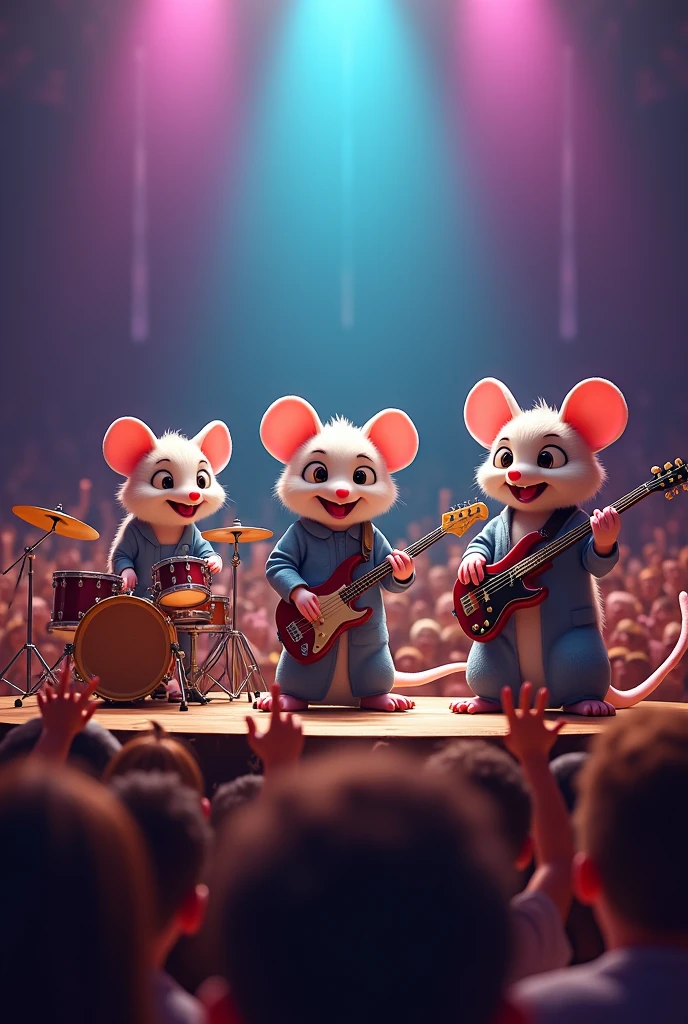 3 possums 1 drummer another guitarist or another bassist singing at a concert full of people