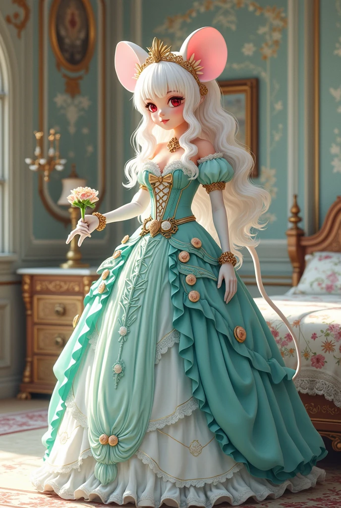 (best quality,4k,8k,highres,masterpiece:1.2), ultra-detailed, Pretty albino girl has a princess, drawn in 2D anime style, steampunk, wearing a turquoise and white princess gown with y sleeves, steampunk, gorgeous frilly dress design,flowing gown, elaborate lace details,rich textures,contrast stitching,delicate ribbon bows, seashells embroidery, full skirt with ocean wave pattern,short sleeves,fitted waistline,flared cuffs,lace-up back,luxurious fabrics,flawless silhouette, long curly white hair and red eyes, white fur, smiling, mouse ears and tail, ribboned high heels, white elbow evening gloves, gold bracelets, tiara made of seashells, beautifully detailed lips with lipstick, long eyelashes, eyeshadow, seashell necklace, in a castle bedroom with intricate decoration and luxurious furniture, flower wallpaper, she is happily checking her new princess dress.