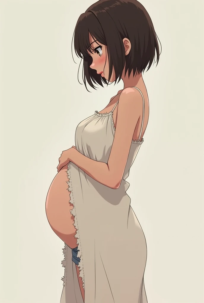 A shy anime girl with short, shoulder-length dark brown hair, without eyes, rosy cheeks and natural red lips, a broken white dress that leaves her thighs exposed a little, Pale skin and 2 months pregnant