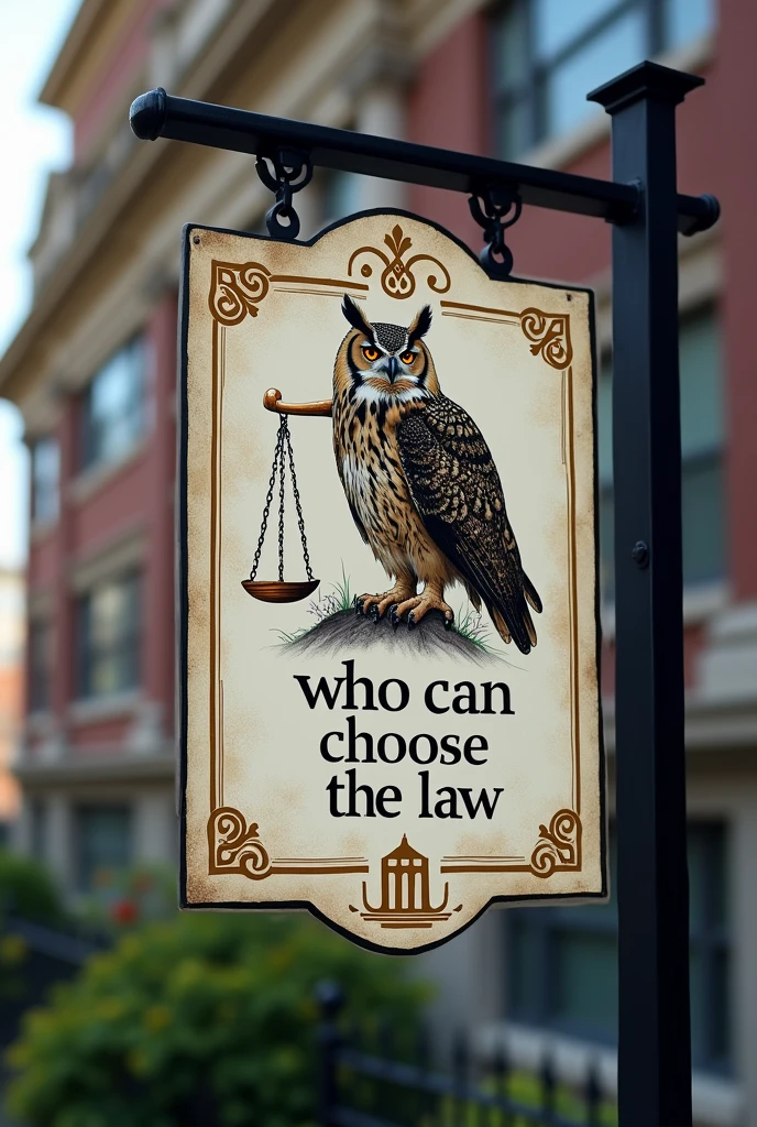 Law office sign with the phrase:                 
                     🏛️🦉⚖️
WHO CAN CHOOSE THE LAW
                                        