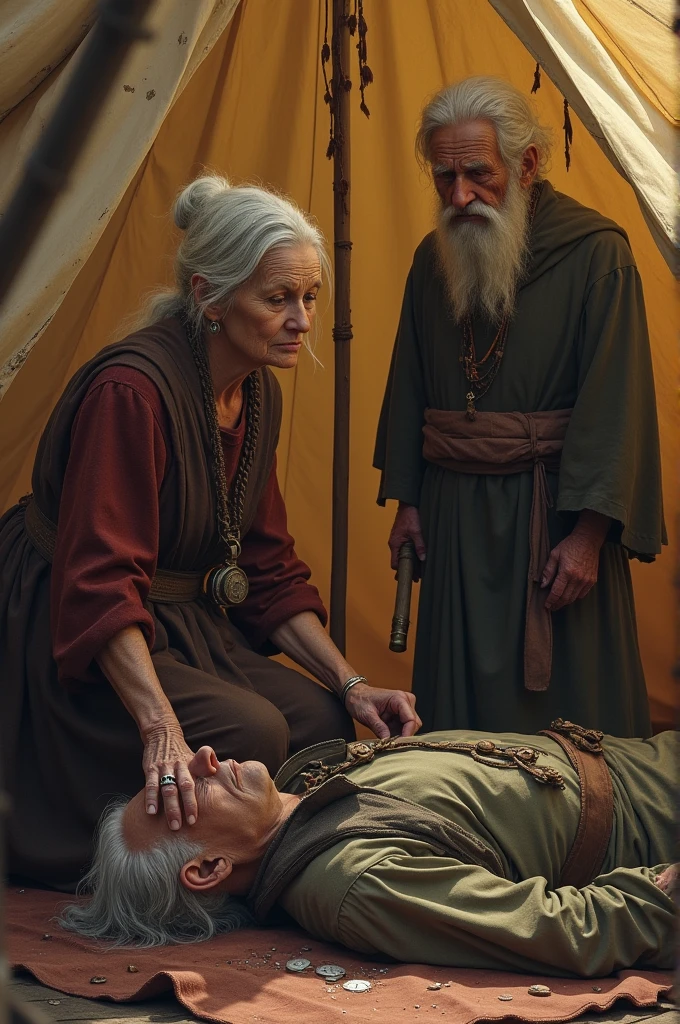 a preocupada lady with her injured husband and a shaman helping them in a tent. Todos idosos