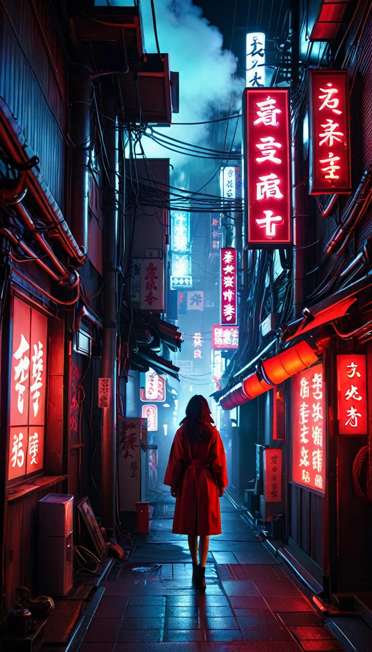 City alley, cyberpunk, neon, neon signs, Japanese women, light steam, at night, dim lighting, remoteness, Empty, without phones, 4k, ultra detailed, detail 1.2, beautiful, realist, red, detalles reds