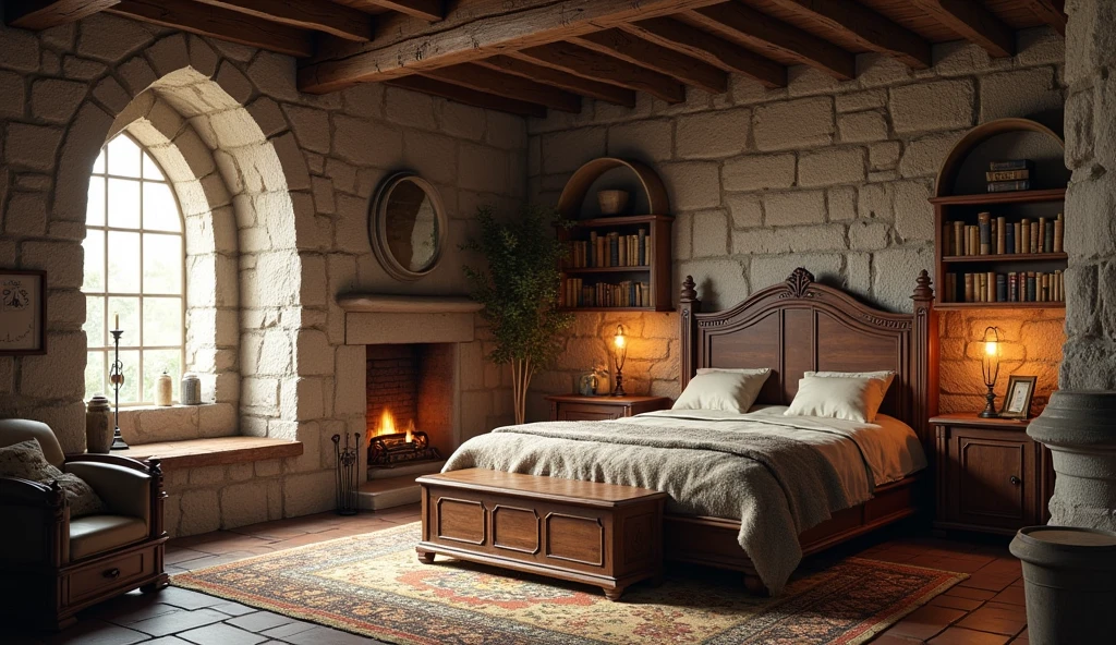 A highly realistic 3D rendering of a medieval game setting, featuring a horizontal medieval room interior. The scene includes natural lighting that casts soft, realistic shadows, highlighting the textures of stone walls and wooden beams. The large wooden bed is positioned so that the side is visible, showcasing its sturdy wooden frame and carved details. The bed is covered with luxurious fur blankets and animal skins, adding a sense of medieval comfort. At the foot of the bed, a wooden chest is placed. Other details in the room include a rustic wooden table with a candle holder, a stone fireplace with a gentle, flickering fire, wooden shelves filled with ancient scrolls, books, and small trinkets, and a large, arched window with heavy, dark curtains. The rough stone floor is partly covered by a large woolen rug. The overall ambiance is cozy and authentically medieval, with attention to detail in the textures of wood, stone, fabric, and the interplay of light and shadow, The scene must be horizontal medieval room interior Natural Lighting: Use soft lighting that highlights the textures of stone and wood, creating realistic shadows that add depth to the scene.
