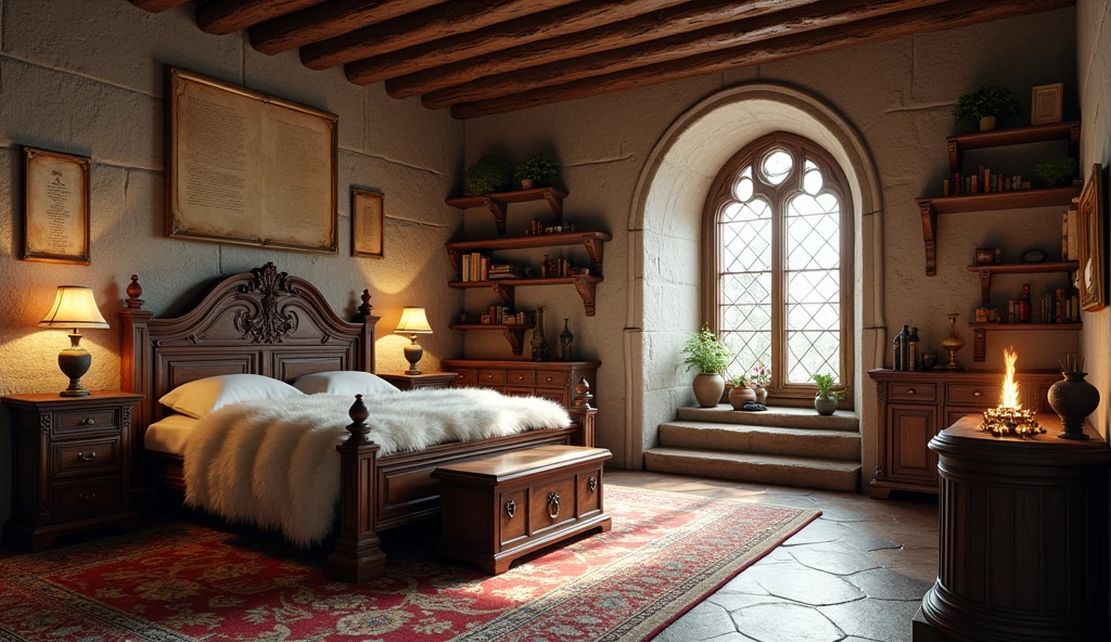 A highly realistic 3D rendering of a medieval game setting, featuring a horizontal medieval room interior. The scene includes natural lighting that casts soft, realistic shadows, highlighting the textures of stone walls and wooden beams. The large wooden bed is positioned so that the side is visible, showcasing its sturdy wooden frame and carved details. The bed is covered with luxurious fur blankets and animal skins, adding a sense of medieval comfort. At the foot of the bed, a wooden chest is placed. Other details in the room include a rustic wooden table with a candle holder, a stone fireplace with a gentle, flickering fire, wooden shelves filled with ancient scrolls, books, and small trinkets, and a large, arched window with heavy, dark curtains. The rough stone floor is partly covered by a large woolen rug. The overall ambiance is cozy and authentically medieval, with attention to detail in the textures of wood, stone, fabric, and the interplay of light and shadow, The scene must be horizontal medieval room interior Natural Lighting: Use soft lighting that highlights the textures of stone and wood, creating realistic shadows that add depth to the scene.